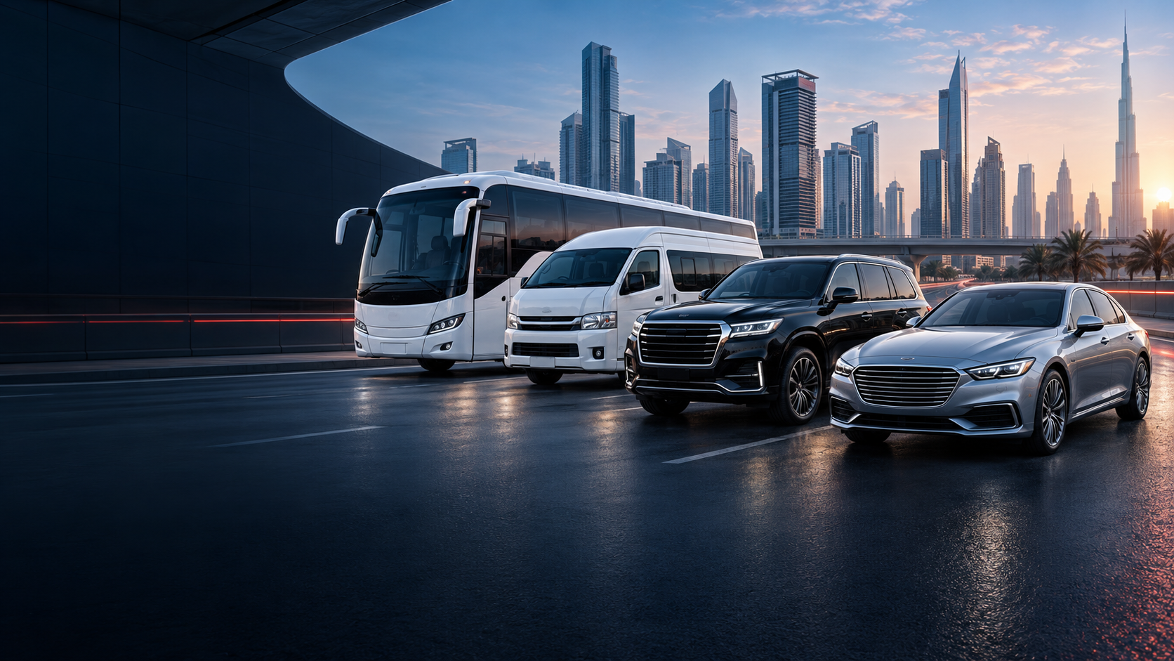 SkyRoute bus and car rental fleet in the UAE